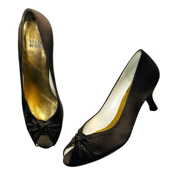 Stuart Weitzman Women's Brown Satin Glotallulah Peep Toe Kitten Heels size 7.5 - Picture 12 of 12